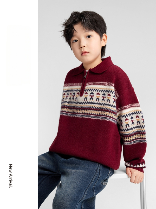 Pulover copii Fair Isle polo, cu dungi, mâneci lungi, acrilic 58%, iarnă 2025