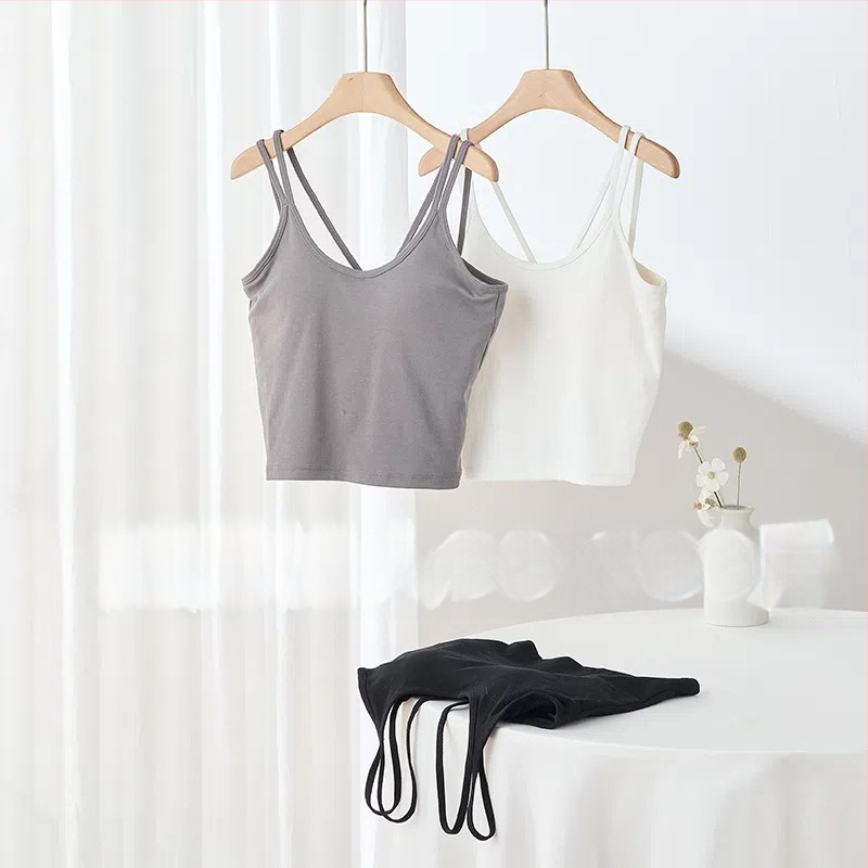 Camisolă cu bretele duble, stil coreean, guler rotund, bureți de sâni încorporați cu pernă de aer, material Lyocell 30–50%