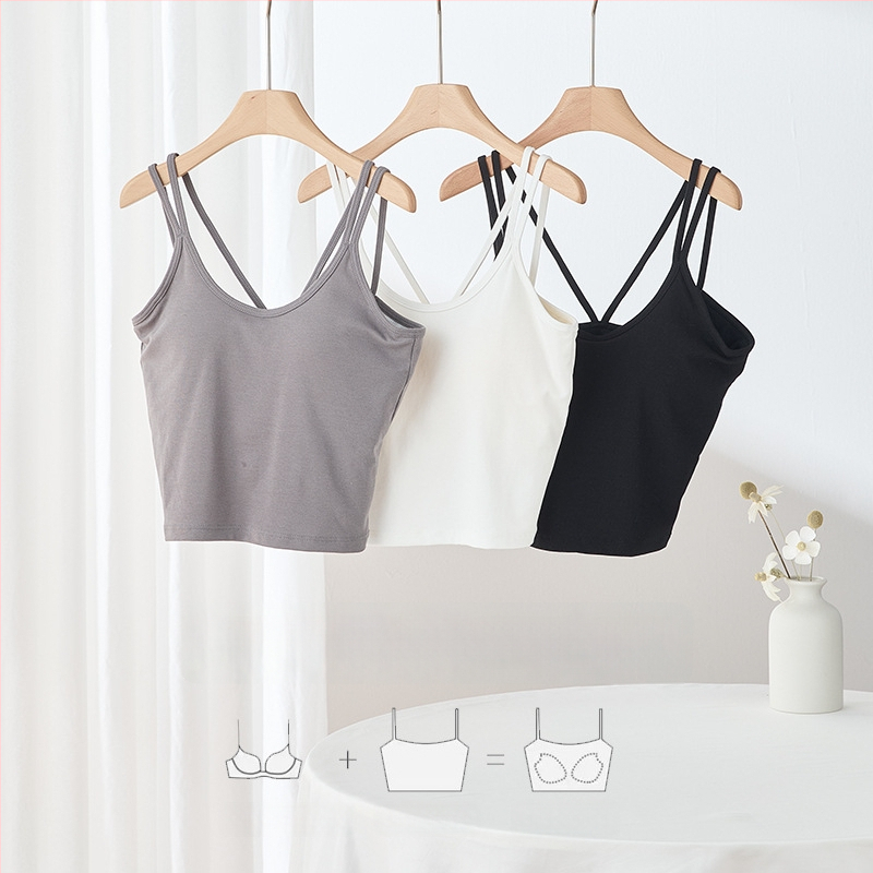 Camisolă cu bretele duble, stil coreean, guler rotund, bureți de sâni încorporați cu pernă de aer, material Lyocell 30–50%