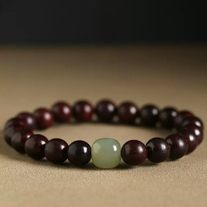 Brățară unisex cu lemn natural de rosewood cu frunze mici, mărgele Hetian jade, lemn de ebono și lemn de santal în stil antic