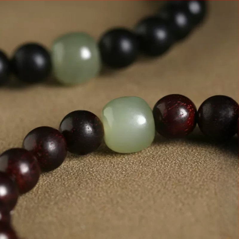 Brățară unisex cu lemn natural de rosewood cu frunze mici, mărgele Hetian jade, lemn de ebono și lemn de santal în stil antic