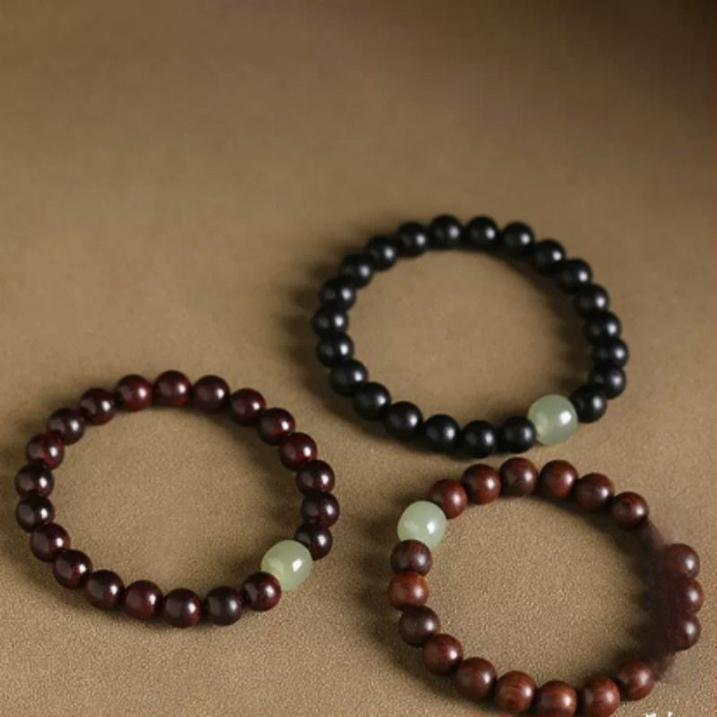 Brățară unisex cu lemn natural de rosewood cu frunze mici, mărgele Hetian jade, lemn de ebono și lemn de santal în stil antic