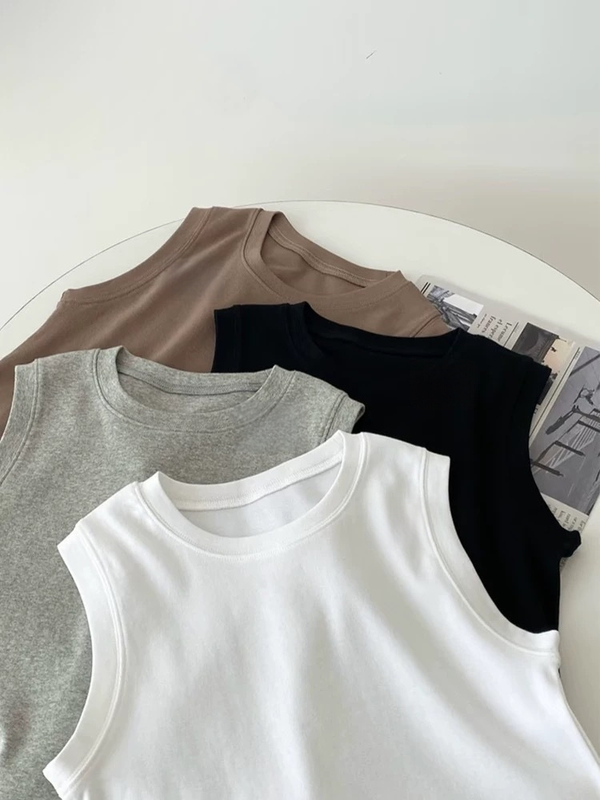 Top din bumbac fără mâneci pentru femei, croială slim, guler rotund, lungime normală 50–65 cm