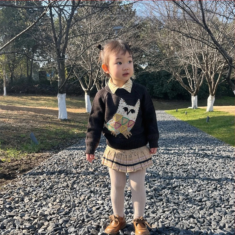 Pulover tricotat pentru copii, broderie cu bufniță, mâneci lungi, guler rotund, potrivit pentru toamnă și iarnă, copii 1–3 ani