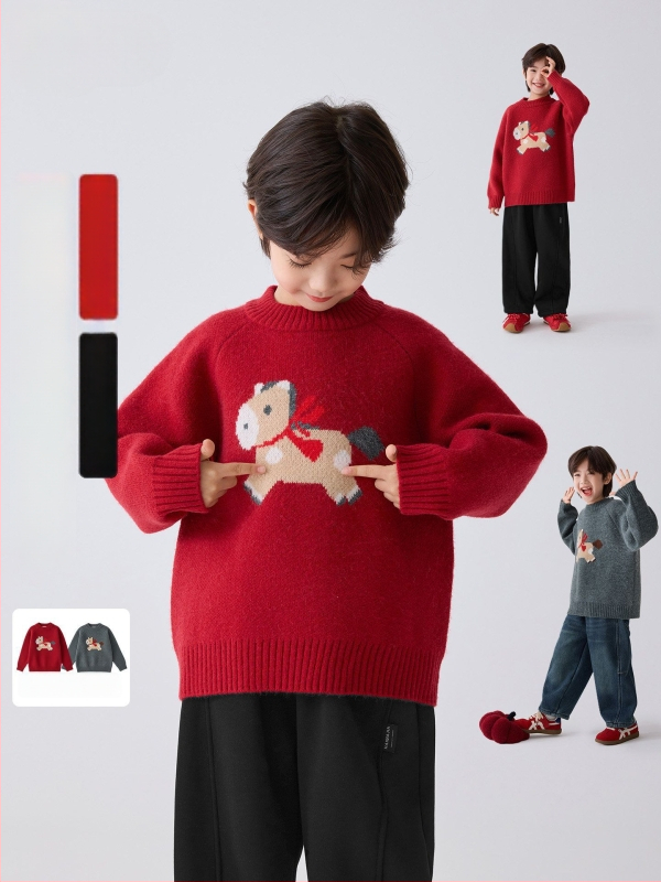 Pulover tricotat pentru copii, băieți, stil coreean, tricot gros, acrilic 43%, iarnă 2025