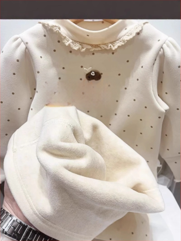 Bluza de bază cu căptușeală din fleece pentru fetițe, iarnă, mâneci lungi, model cu buline, 95% bumbac, stil coreean