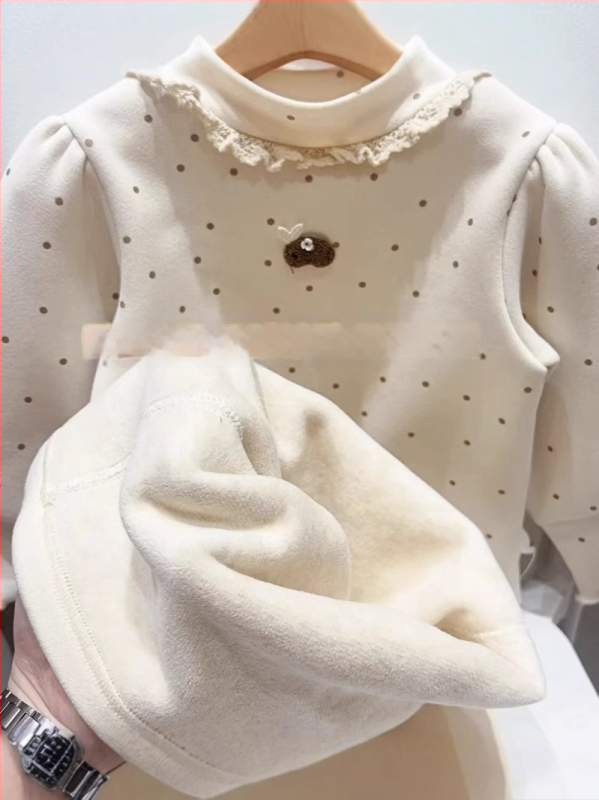 Bluza de bază cu căptușeală din fleece pentru fetițe, iarnă, mâneci lungi, model cu buline, 95% bumbac, stil coreean