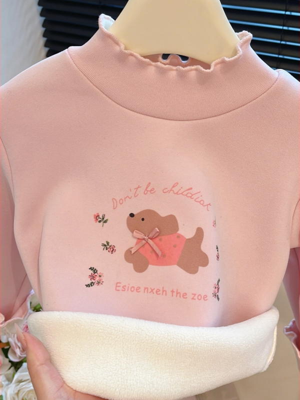 Tricou de bază căptușit cu fleece pentru copii, din bumbac, iarnă, mâneci lungi, guler semicircular înalt, imprimeu desen animat