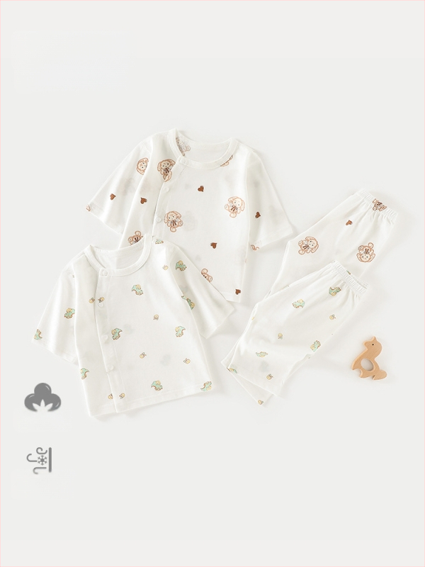 Set de pijamale din bumbac pentru bebeluți, unisex, din două piese, mâneci 3/4, 100% bumbac, material ușor de vară, imprimeu cu desene animate