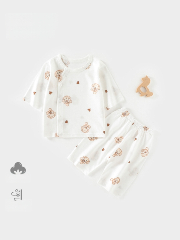 Set de pijamale din bumbac pentru bebeluți, unisex, din două piese, mâneci 3/4, 100% bumbac, material ușor de vară, imprimeu cu desene animate