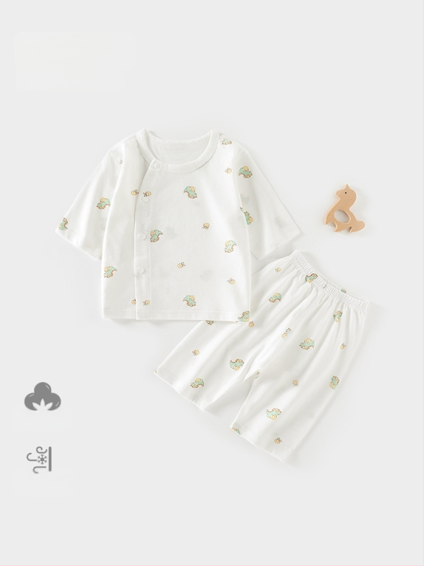 Set de pijamale din bumbac pentru bebeluți, unisex, din două piese, mâneci 3/4, 100% bumbac, material ușor de vară, imprimeu cu desene animate