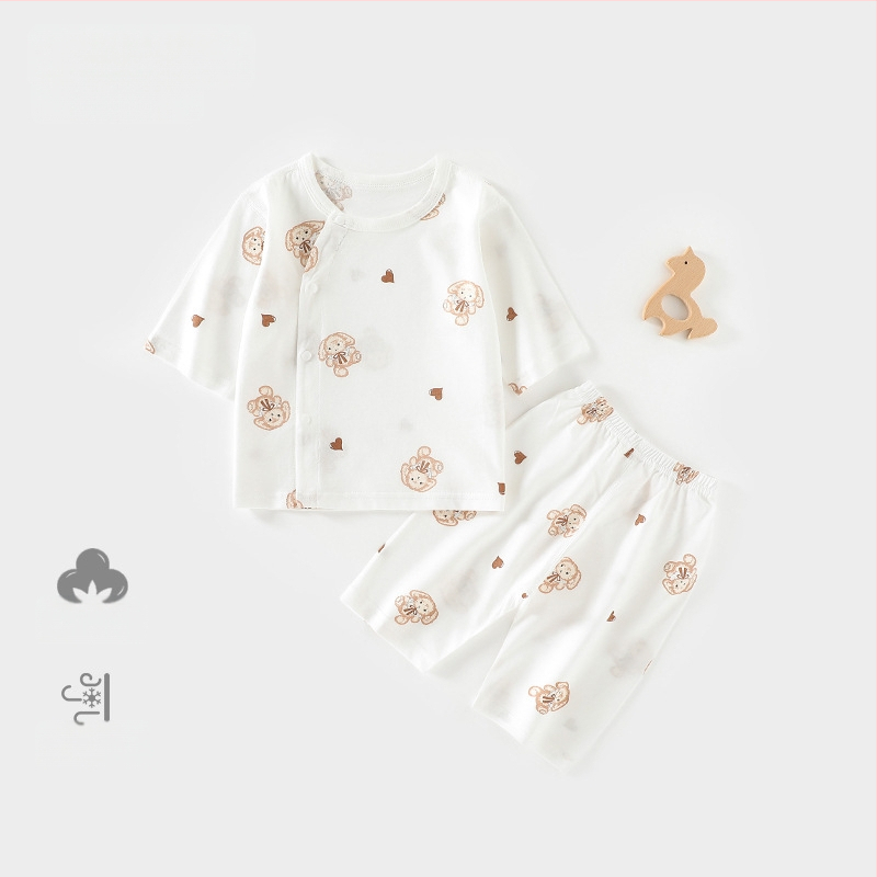 Set de pijamale din bumbac pentru bebeluți, unisex, din două piese, mâneci 3/4, 100% bumbac, material ușor de vară, imprimeu cu desene animate