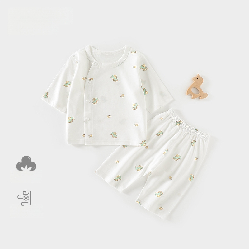 Set de pijamale din bumbac pentru bebeluți, unisex, din două piese, mâneci 3/4, 100% bumbac, material ușor de vară, imprimeu cu desene animate