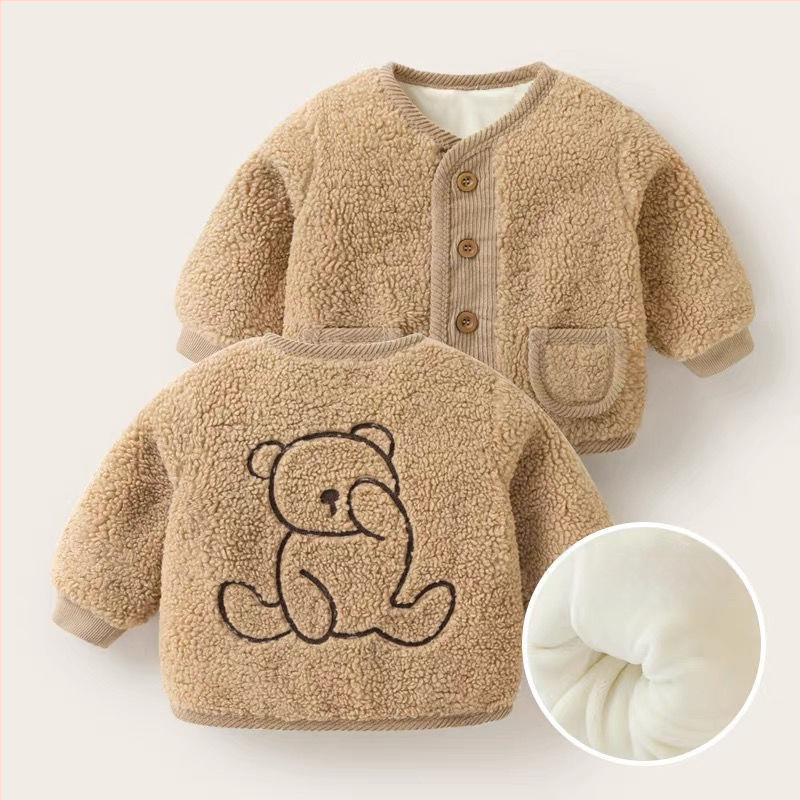 Jachetă bebeluș din fleece pluș – palton gros de iarnă, guler rotund, mâneci lungi, căptușeală poliester