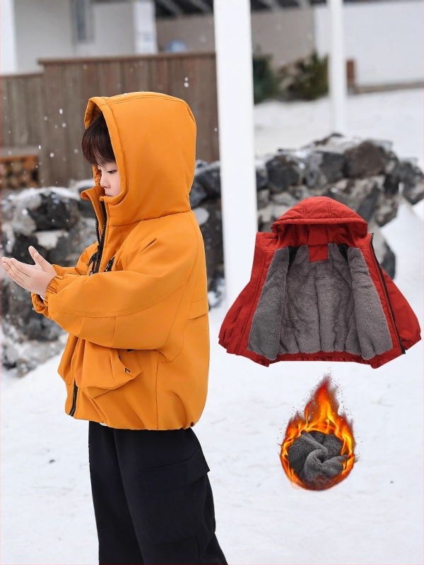 Jachetă de iarnă pentru copii: parka groasă, cu glugă, guler înalt, fermoar