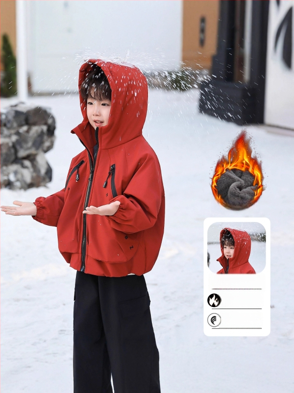 Jachetă de iarnă pentru copii: parka groasă, cu glugă, guler înalt, fermoar