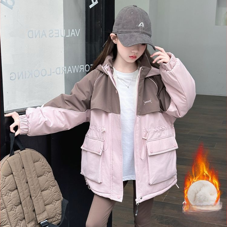 Jachetă de iarnă pentru fete, cu glugă, guler rever, lungime medie, fermoar, gros cu căptușeală din lână (Iarna 2025)