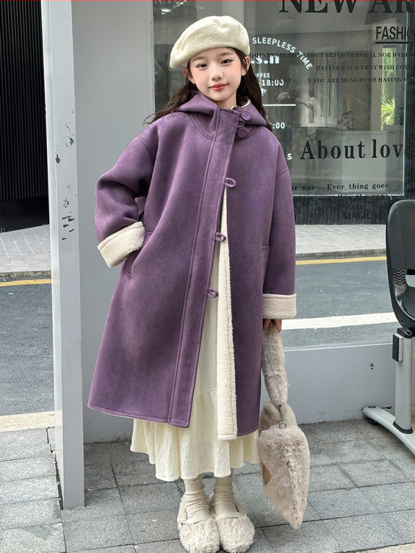 Palton de iarnă pentru fetițe, cu glugă, lungime medie, închidere frontală cu un singur rând, țesătură exterioară acetat, căptușeală poliester