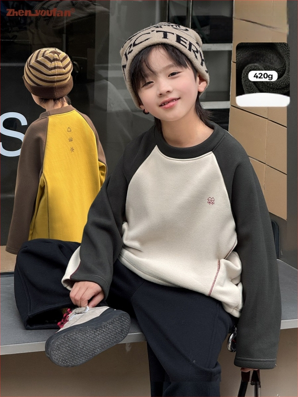 Tricou termic de bază pentru băieți, țesătură Derong, mâneci lungi, guler rotund, iarnă 2025, căldură groasă, 95,9% poliester, 4,1% spandex