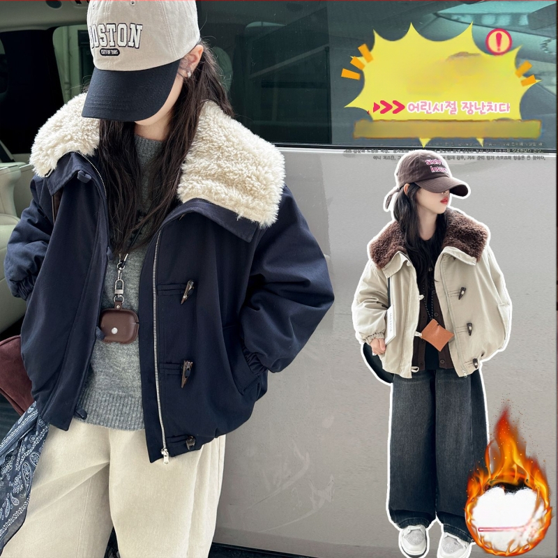 Palton gros de iarnă pentru fetițe, stil coreean, fără curea, închidere cu fermoar, guler rever, lungime scurtă