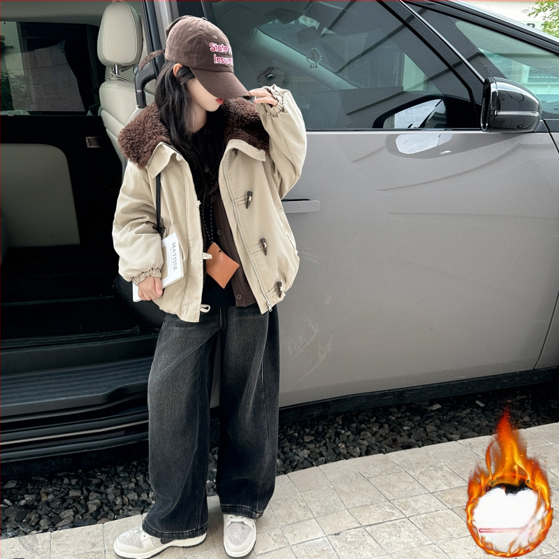 Palton gros de iarnă pentru fetițe, stil coreean, fără curea, închidere cu fermoar, guler rever, lungime scurtă