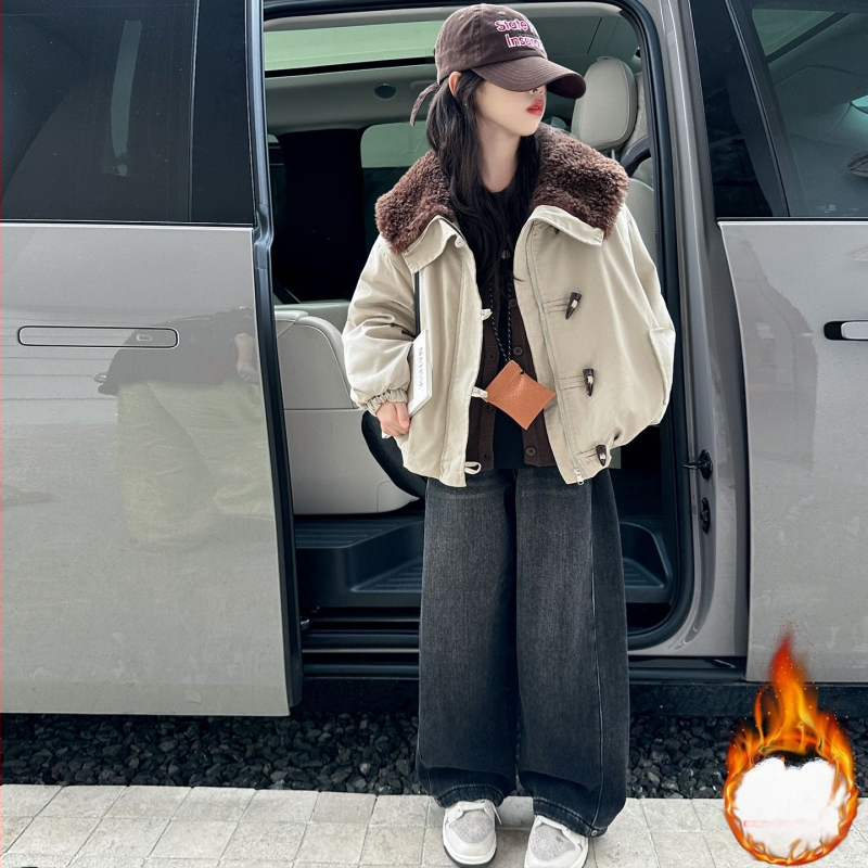 Palton gros de iarnă pentru fetițe, stil coreean, fără curea, închidere cu fermoar, guler rever, lungime scurtă