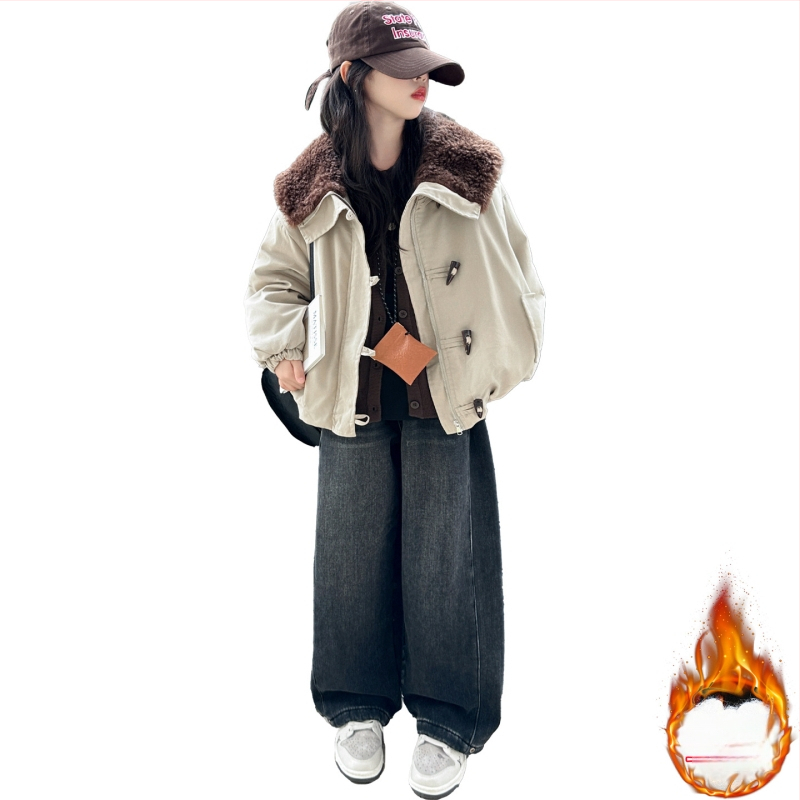 Palton gros de iarnă pentru fetițe, stil coreean, fără curea, închidere cu fermoar, guler rever, lungime scurtă