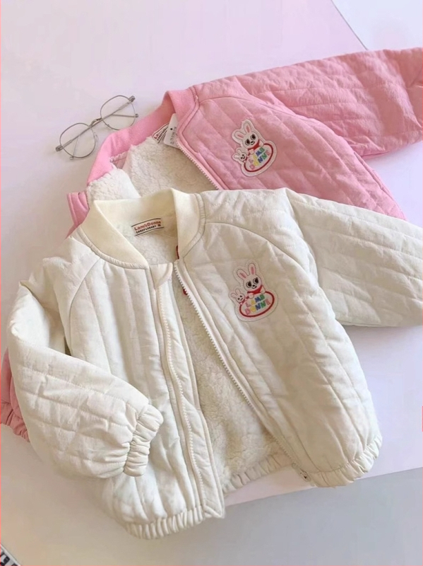 Jachetă de iarnă pentru copii, stil coreean, căptușită cu fleece, închidere cu fermoar, fără glugă, pentru fete 3-8 ani