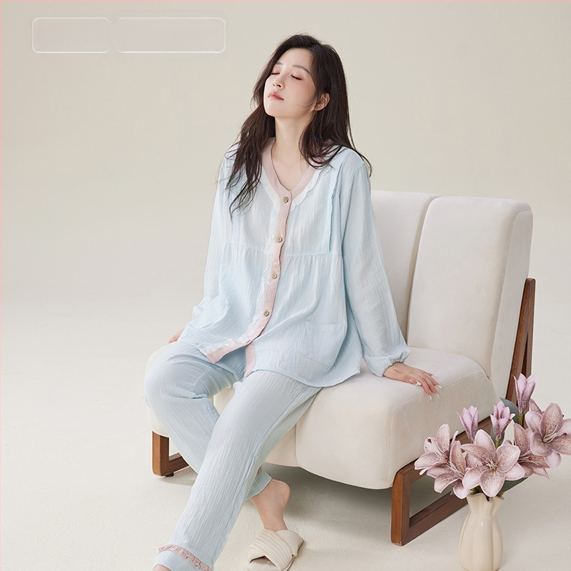 Postpartum szoptatós ruha szett, 100% pamutból, kétszálú pamutfonal, szoptatási nyílás, hosszú ujjú, nadrágos, légies és nedvességelnyelő