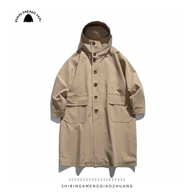 Muška vjetrovka s kapuljačom, retro japanskog stila za outdoor, srednje duljine, opuštenog kroja, jednobojna, poliester.