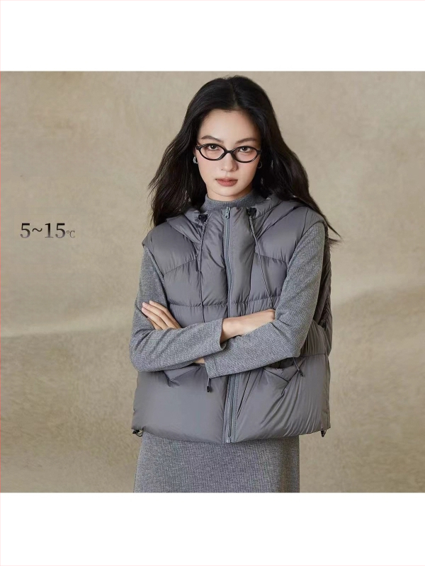 Női kapucnis tollmellény kacsa tolltöltettel, cipzárral, 3D mintázattal, poliészter anyaggal