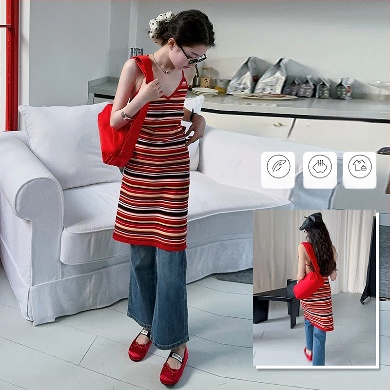 Koreai stílusú gyerekruha pántokkal, csíkos mintával, hátsó rész nyitott, Ice Silk anyag, A-vonalú szabás, 8+ éveseknek, nyár