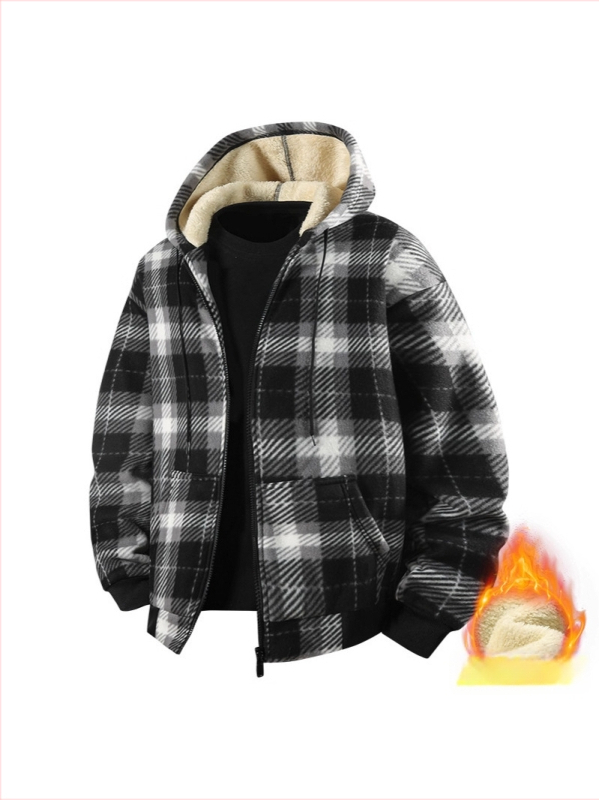 Muška jakna s kapuljom, fleece podstava, debeli karirani uzorak, zimska vanjska jakna