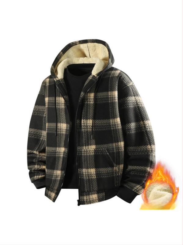 Muška jakna s kapuljom, fleece podstava, debeli karirani uzorak, zimska vanjska jakna