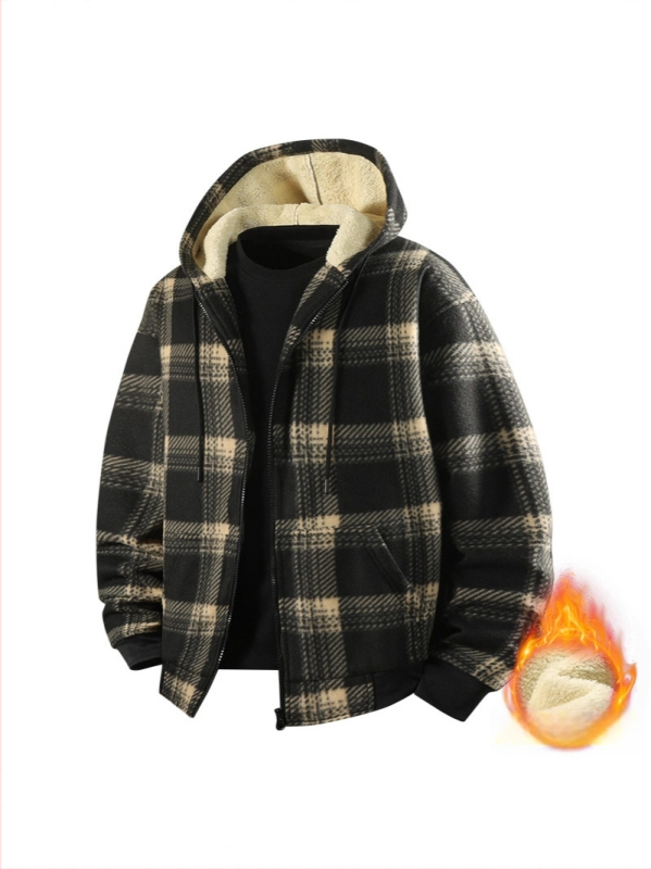 Muška jakna s kapuljom, fleece podstava, debeli karirani uzorak, zimska vanjska jakna
