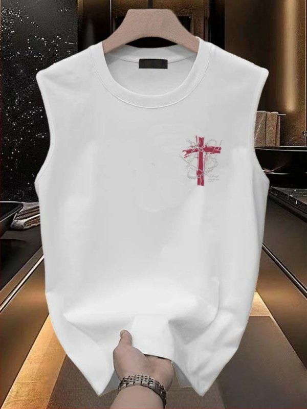 Sportski prsluk bez rukava s crtanim printom, okrugli izrez, slobodan kroj, 100% pamuk