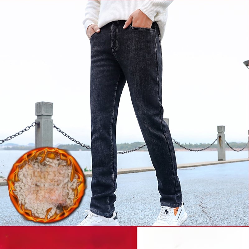 Muške produžene traperice s visokim pojasom, ravni kroj, elastične, fleece podstavom, denim, za visoke muškarce