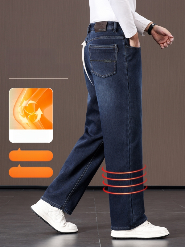 Džinsinės kelnės su fliso pamušalu, storos, tiesus kirpimas, aukštas juosmuo, kasdienė žiemai 2025