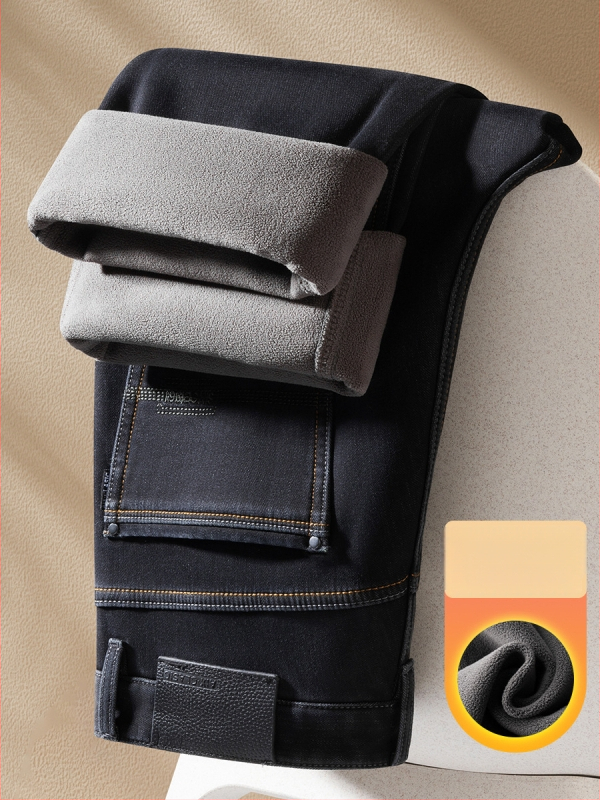 Džinsinės kelnės su fliso pamušalu, storos, tiesus kirpimas, aukštas juosmuo, kasdienė žiemai 2025