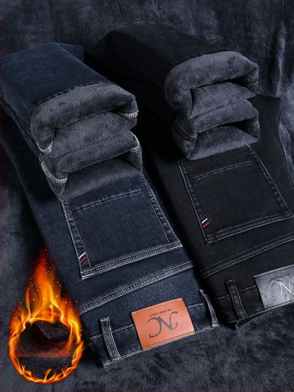 Vyriski žieminiai džinsai su fleece įdėklu, mikroelastiniai, slim-fit tiesus kirpimas, vidurio juosmuo, kasdieniam naudojimui