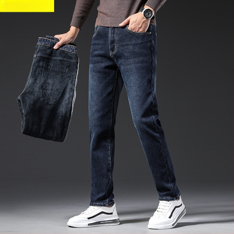 Vyriski žieminiai džinsai su fleece įdėklu, mikroelastiniai, slim-fit tiesus kirpimas, vidurio juosmuo, kasdieniam naudojimui