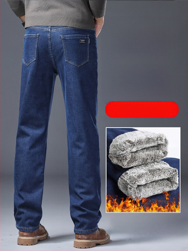 Vyriniai denim džinsai - tiesus kirpimas, aukštas juosmuo, siuvinėti raštai, medvilnės audinys, su fliso pamušalu