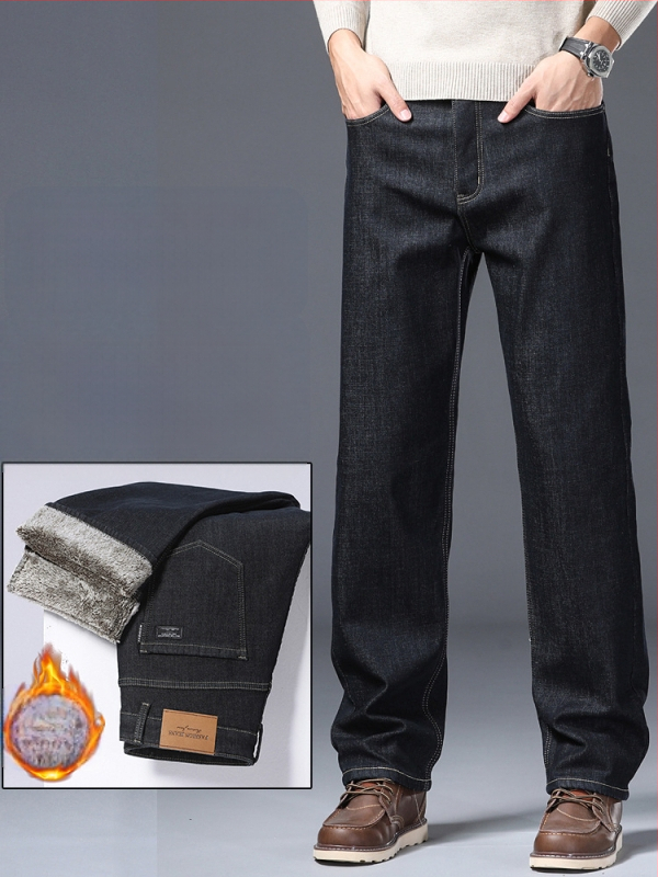 Vyriniai denim džinsai - tiesus kirpimas, aukštas juosmuo, siuvinėti raštai, medvilnės audinys, su fliso pamušalu