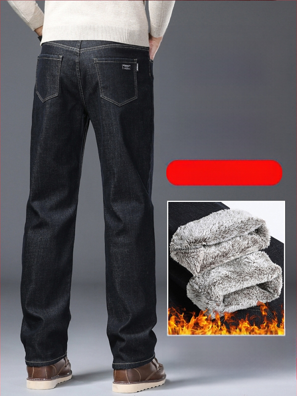 Vyriniai denim džinsai - tiesus kirpimas, aukštas juosmuo, siuvinėti raštai, medvilnės audinys, su fliso pamušalu