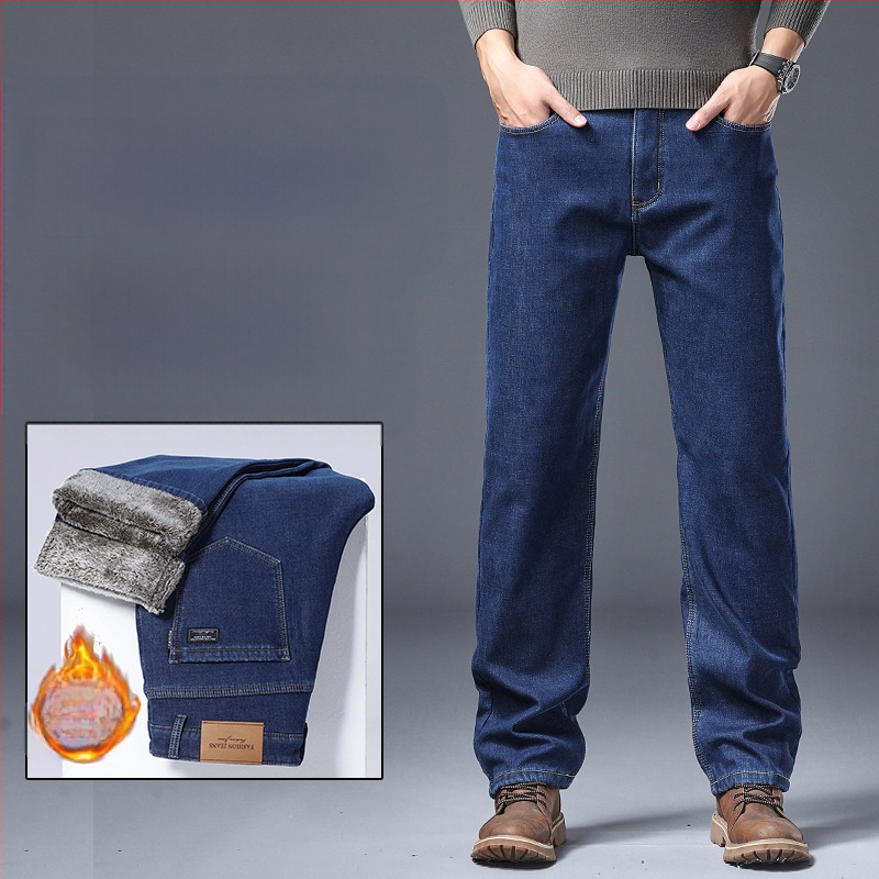 Vyriniai denim džinsai - tiesus kirpimas, aukštas juosmuo, siuvinėti raštai, medvilnės audinys, su fliso pamušalu