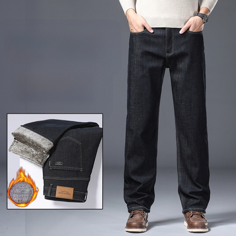 Vyriniai denim džinsai - tiesus kirpimas, aukštas juosmuo, siuvinėti raštai, medvilnės audinys, su fliso pamušalu