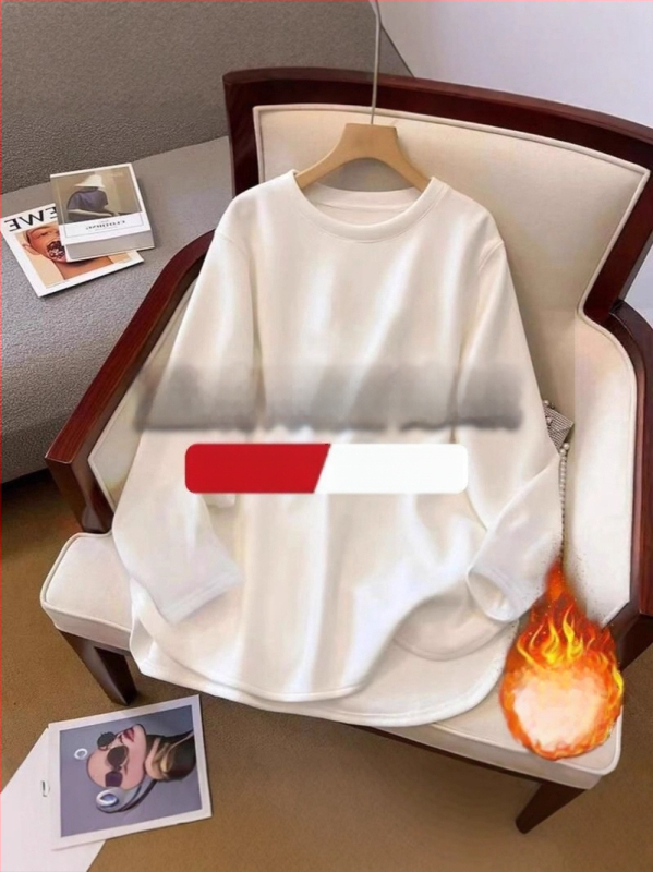 Ženski bijeli top srednje duljine s fleec podstavom, casual pulover s dugim rukavima