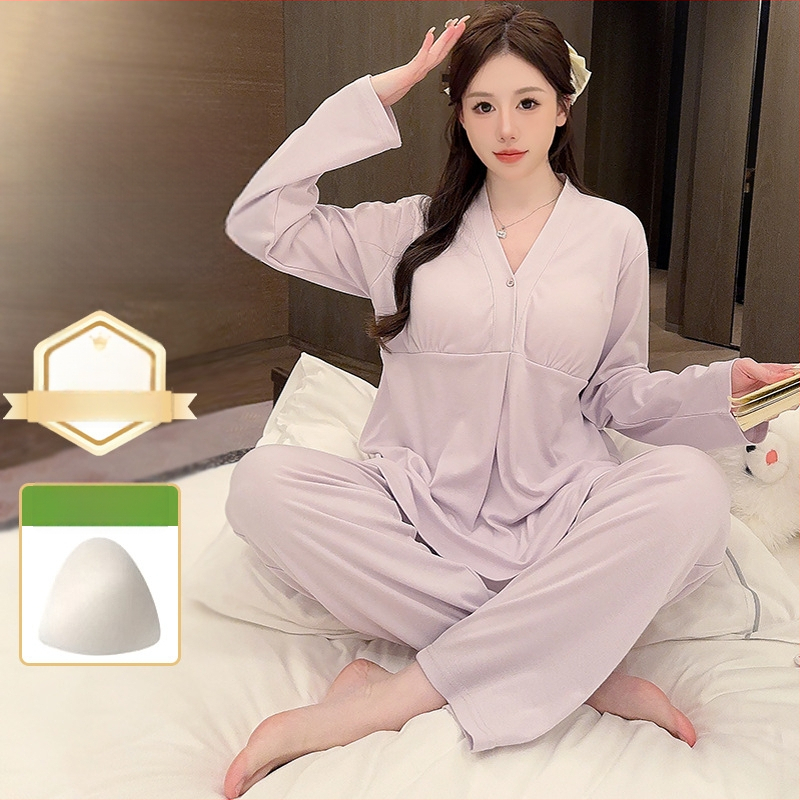 Postpartumski komplet pidžama za dojenje s jastučićima za dojke — 100% pamuk, dugi rukavi, hlače, proljetno-jesenski stil