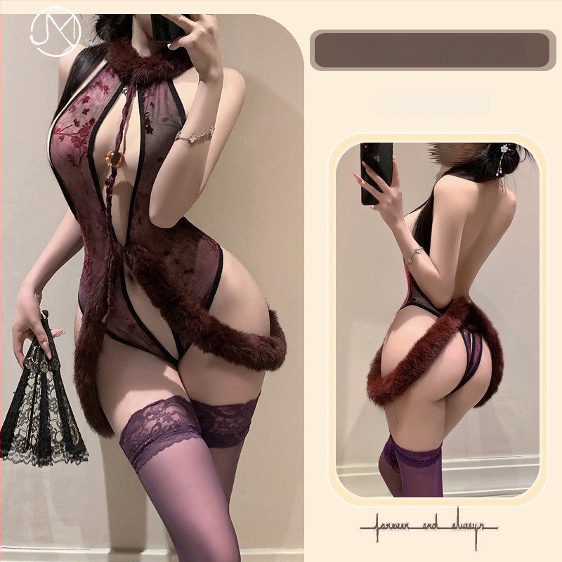 Domila moterų apatinių komplektas įkvėptas čipao, nėrinių, skaidrus priekinis dizainas, poliesterio audinys