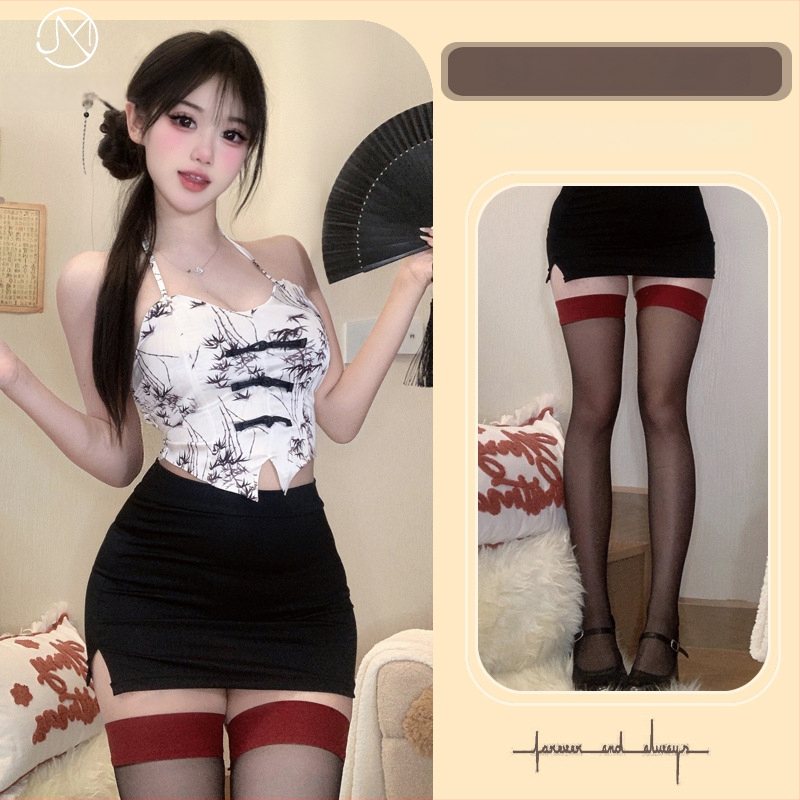 Seksualus apatinių komplektas kinų stiliumi su halter Cheongsam, trumpa sijonė su spauda, Bellyband, poliesteris 80–90%